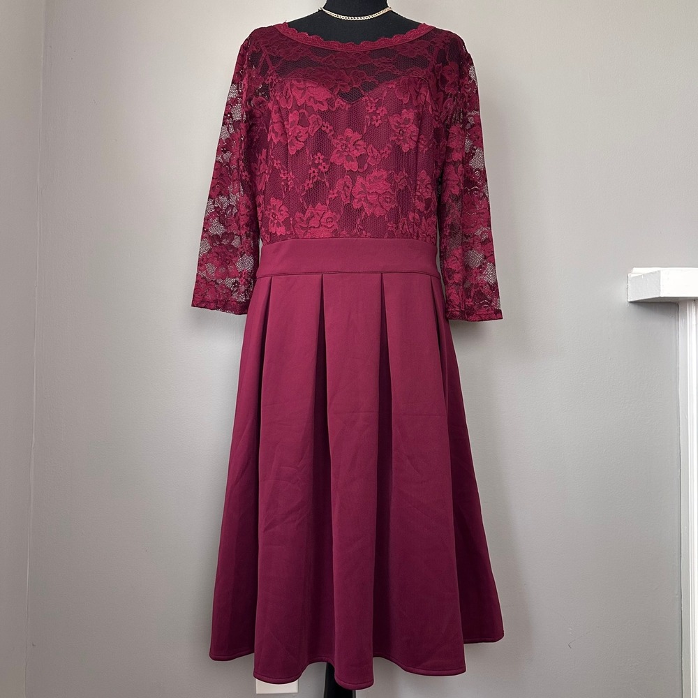 Lace Party Dress XL Burgundy Midi Sweetheart 3/4‎ Sleeve Wedding Guest Fit Flare